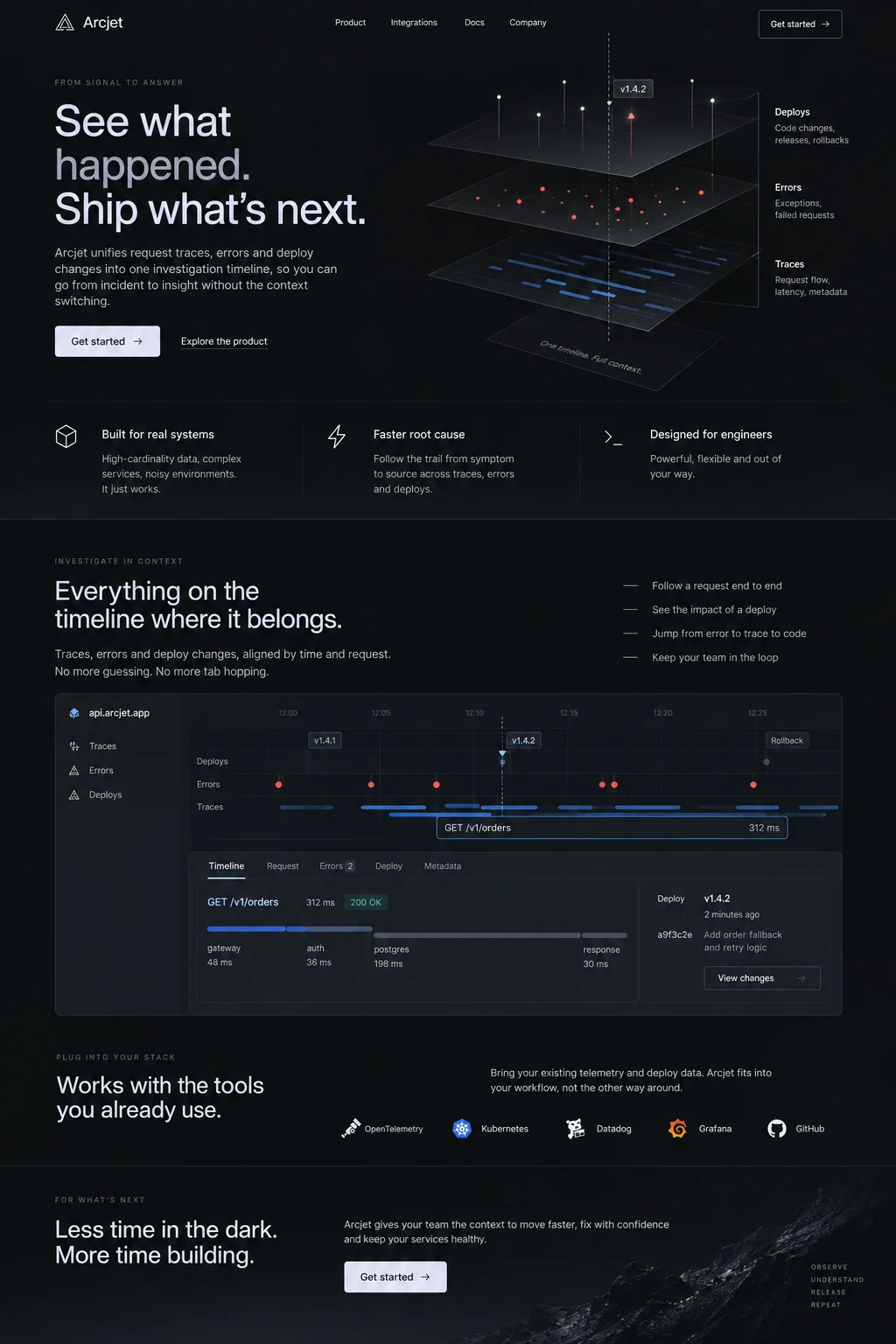 Arcjet website design concept: Request traces, errors and deployment changes in one timeline.