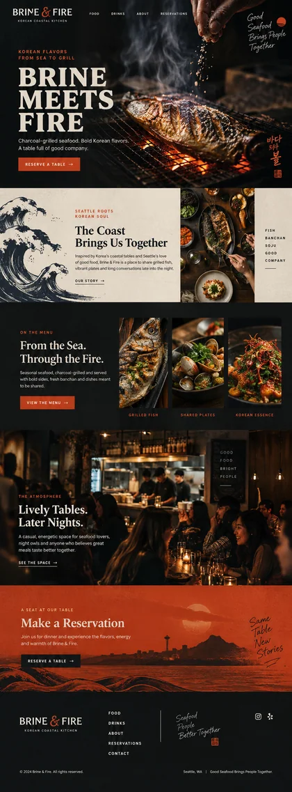 Brine & Fire website design concept: Charcoal-grilled fish and Korean shared plates in Seattle.