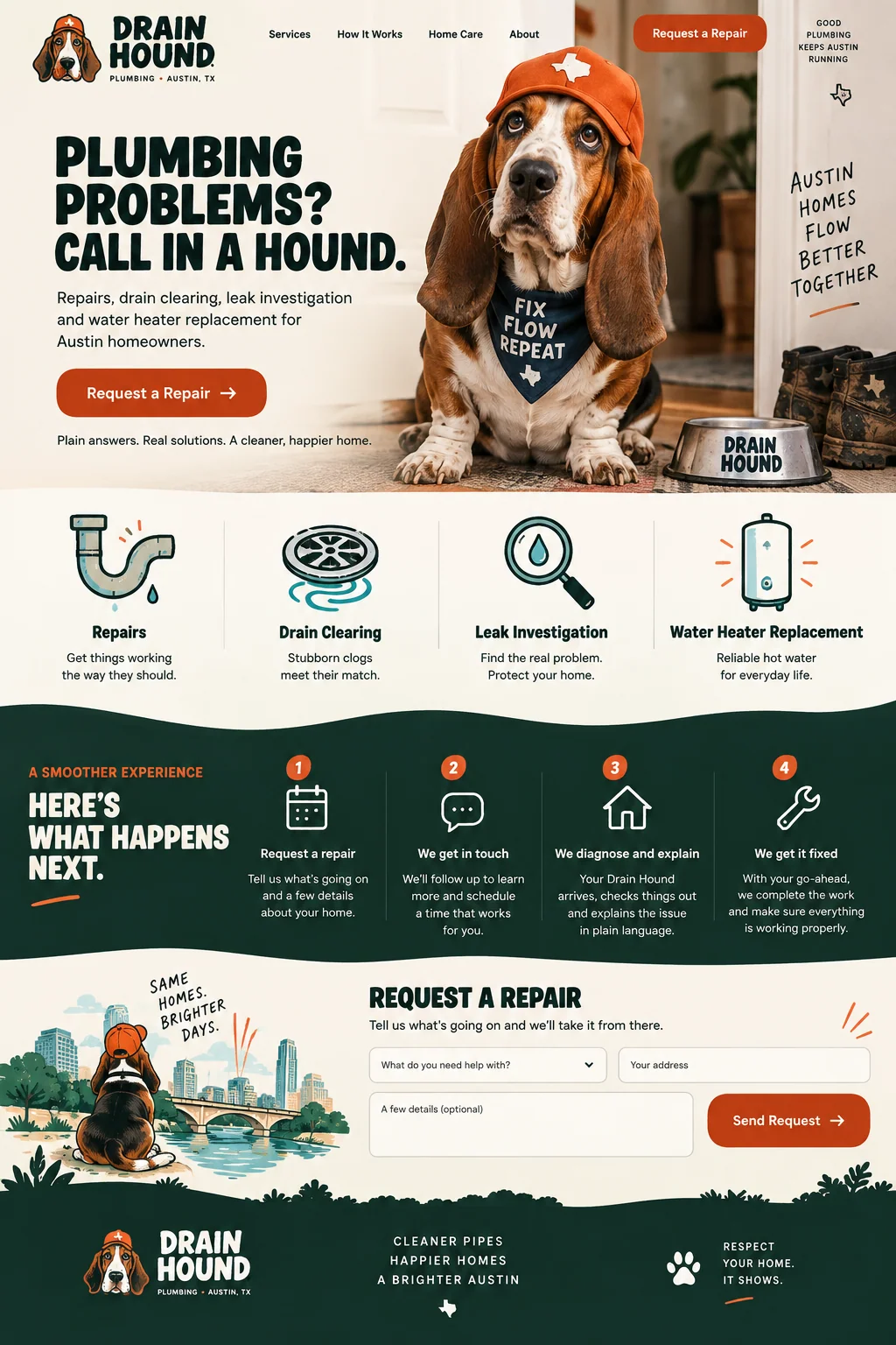 Drain Hound website design concept: Plumbing repairs, drain clearing and water heaters for Austin homes.