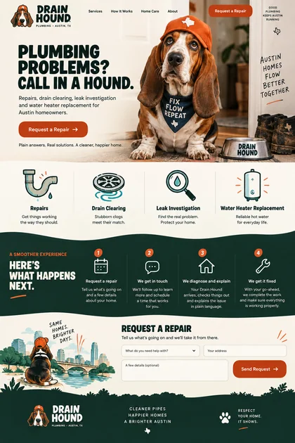 Drain Hound website design concept: Plumbing repairs, drain clearing and water heaters for Austin homes.
