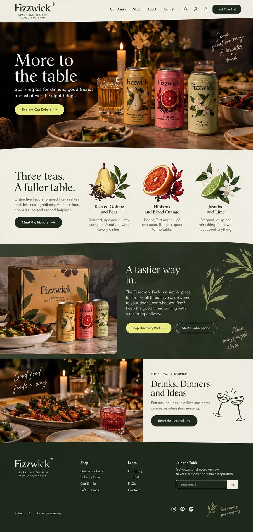 Fizzwick website design concept: Alcohol-free sparkling teas for dinner and evenings with friends.