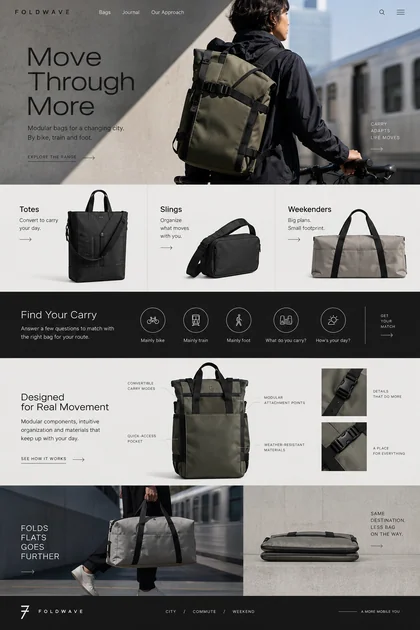 Foldwave website design concept: Modular bags for commutes by bike, train and foot.