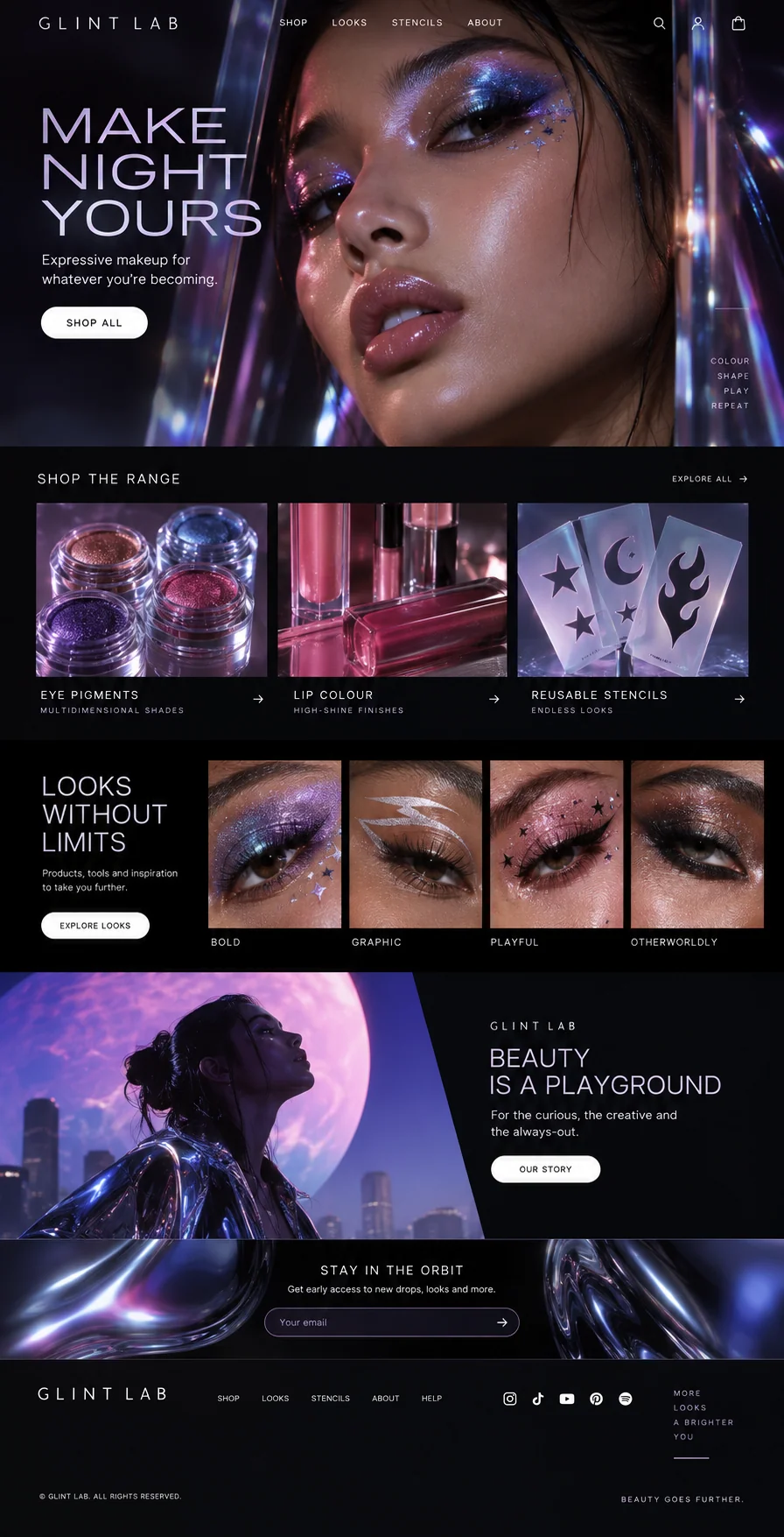 Glint Lab website design concept: Eye pigments, lip color and stencils for experimenting with makeup.