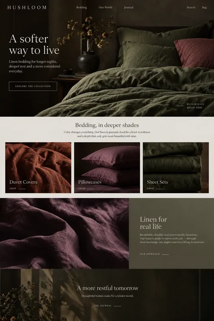 Hushloom website design concept: Linen duvet covers, pillowcases and sheet sets in coordinated colors.