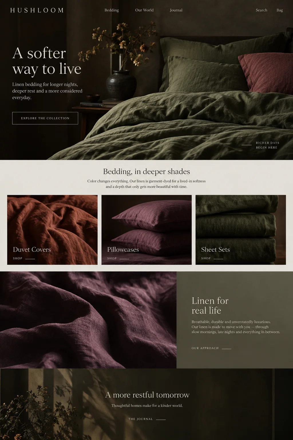 Hushloom website design concept: Linen duvet covers, pillowcases and sheet sets in coordinated colors.