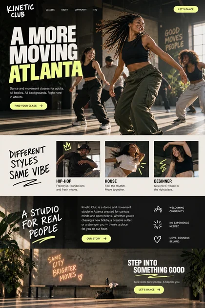 Kinetic Club website design concept: Hip-hop, house and beginner dance classes for adults in Atlanta.