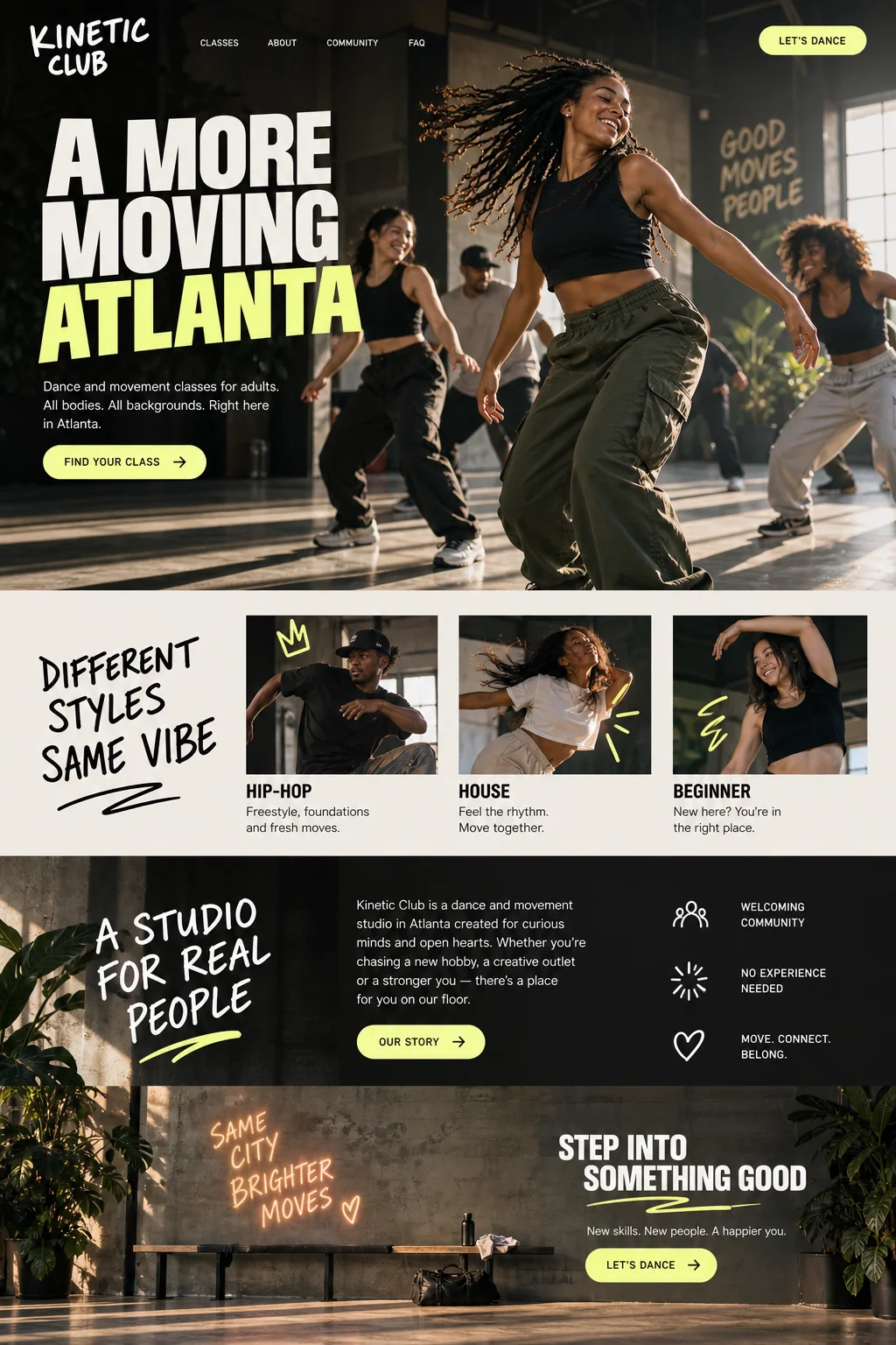 Kinetic Club website design concept: Hip-hop, house and beginner dance classes for adults in Atlanta.