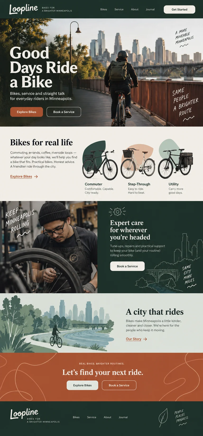 Loopline website design concept: Commuter bikes and repairs for Minneapolis riders.