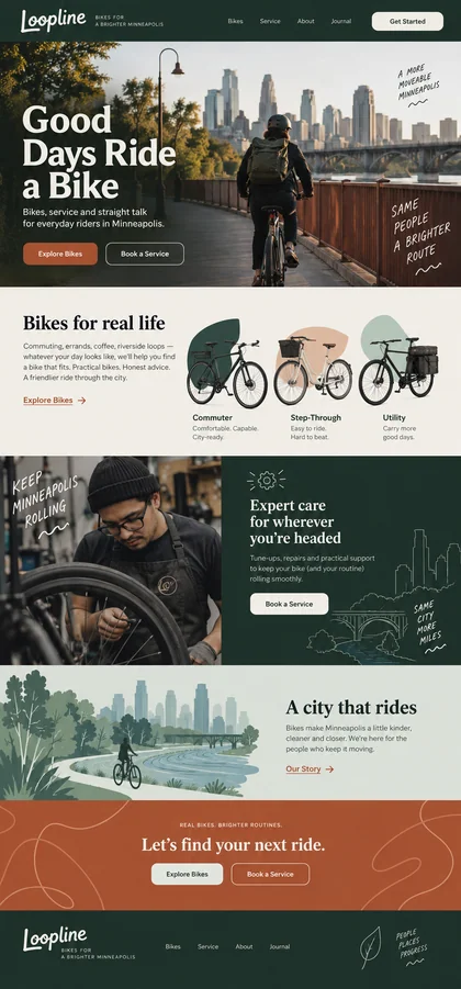 Loopline website design concept: Commuter bikes and repairs for Minneapolis riders.