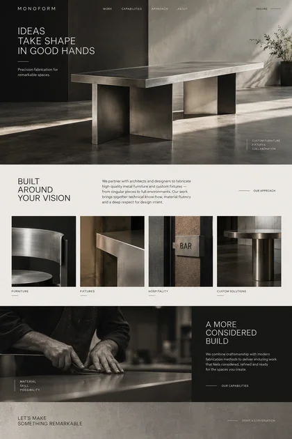 Monoform website design concept: Custom metal furniture and fixtures for architecture and hospitality.