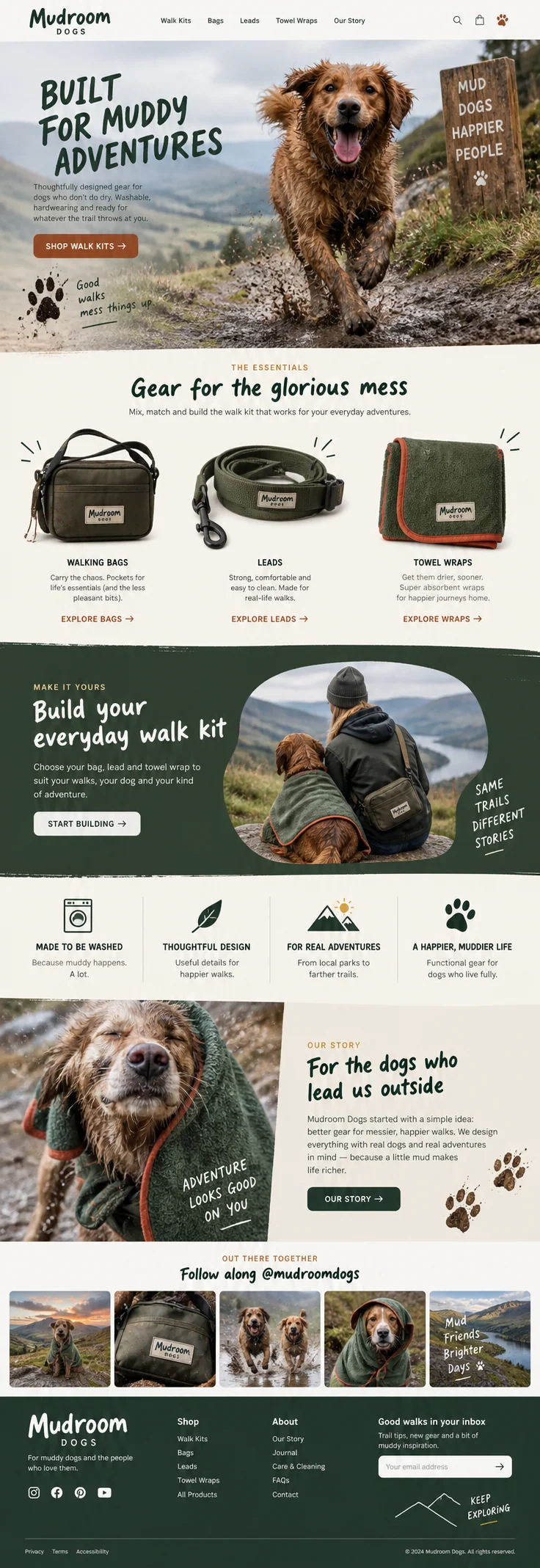 Mudroom Dogs website design concept: Washable walking bags, leads and towel wraps for muddy dogs.