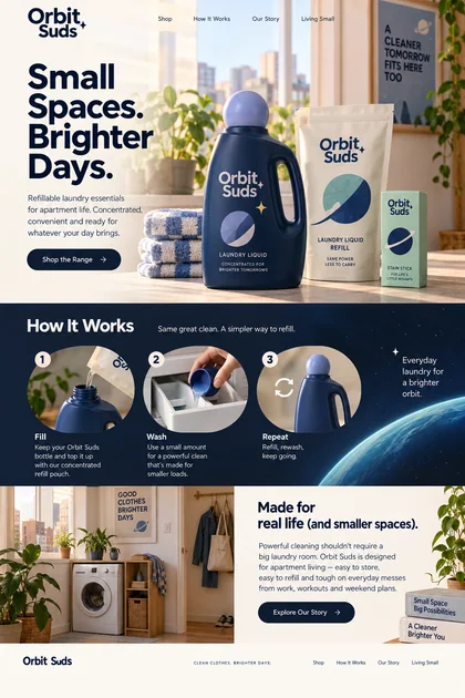 Orbit Suds website design concept: Refillable laundry liquid and stain sticks for apartment living.