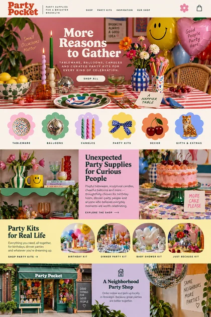 Party Pocket website design concept: Tableware, balloons and party kits with local pickup in Brooklyn.