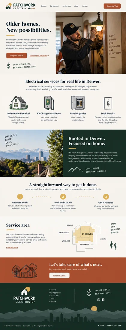 Patchwork Electric website design concept: Electrical repairs and upgrades for Denver homes.