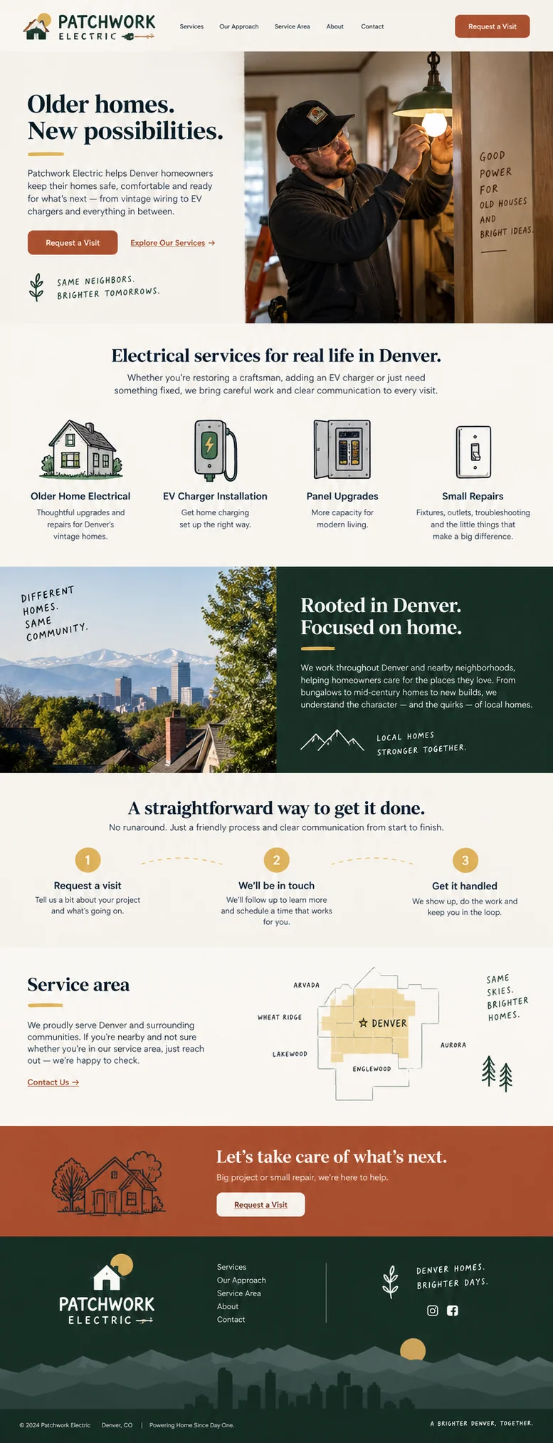 Patchwork Electric website design concept: Electrical repairs and upgrades for Denver homes.