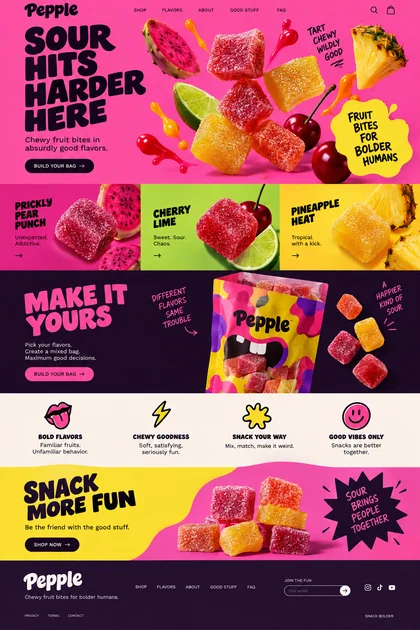 Pepple website design concept: Sour fruit candy in prickly pear, cherry lime and pineapple heat.