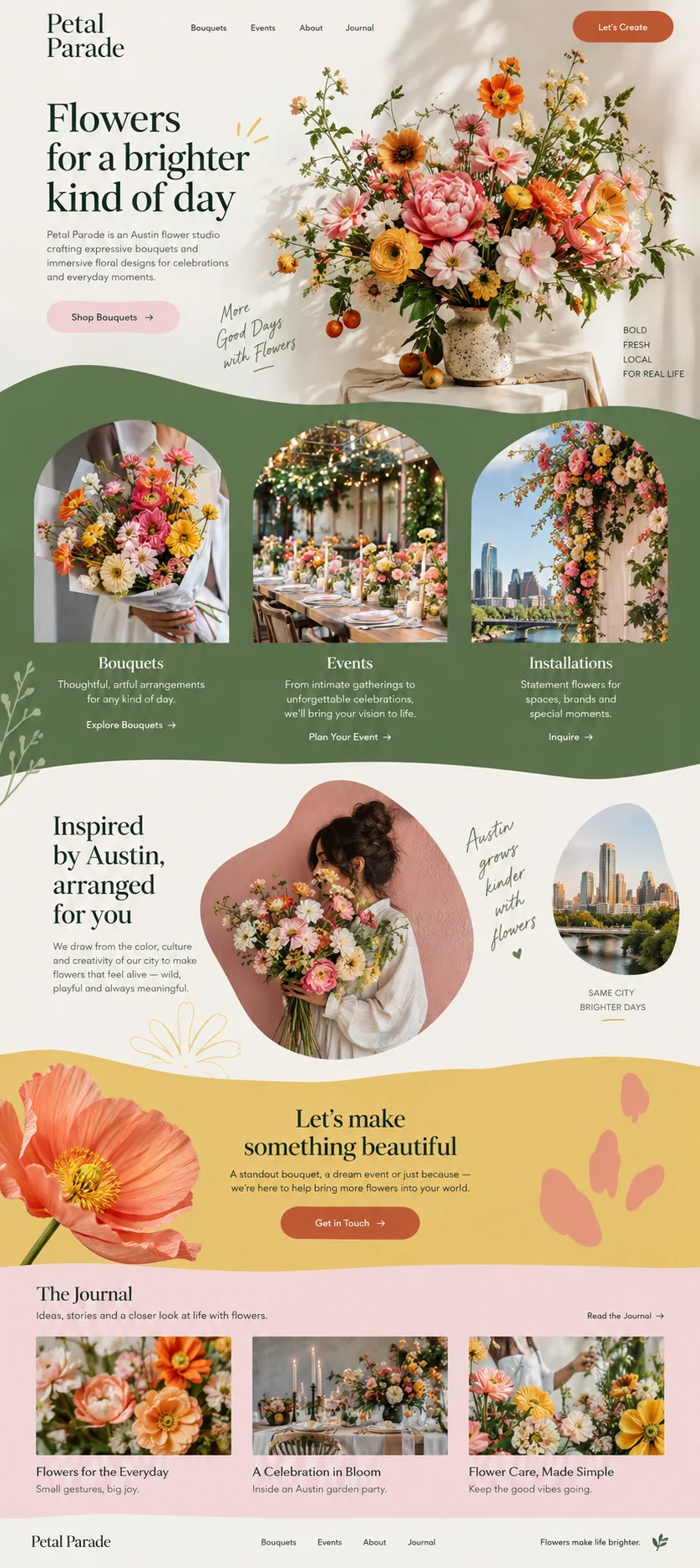 Petal Parade website design concept: Bouquets and floral installations from an Austin flower studio.