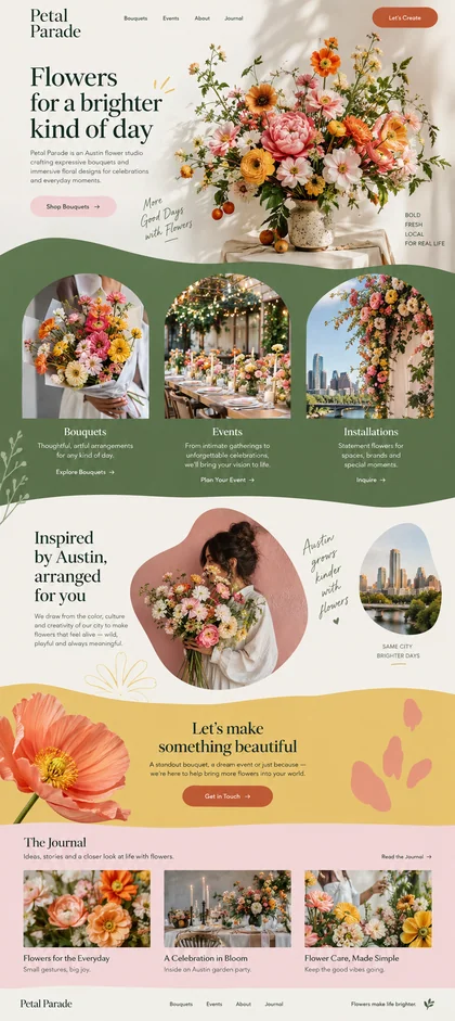 Petal Parade website design concept: Bouquets and floral installations from an Austin flower studio.