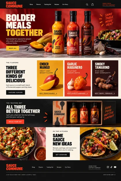Sauce Commune website design concept: Fermented hot sauces in mango, habanero and tamarind flavors.