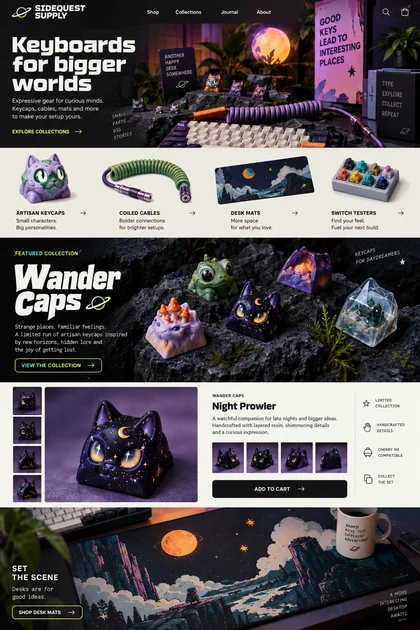 Sidequest Supply website design concept: Artisan keycaps, coiled cables and accessories for a personal desk setup.