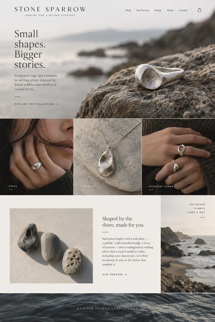 Stone Sparrow website design concept: Sterling silver rings and pendants inspired by coastal shapes.