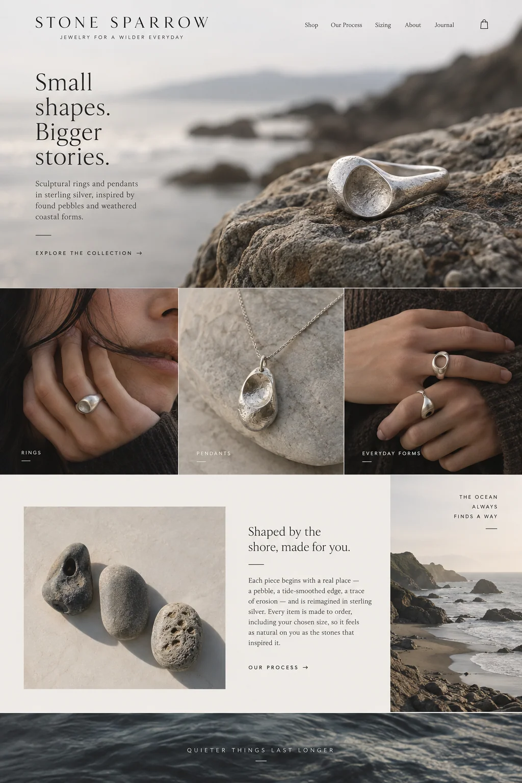 Stone Sparrow website design concept: Sterling silver rings and pendants inspired by coastal shapes.