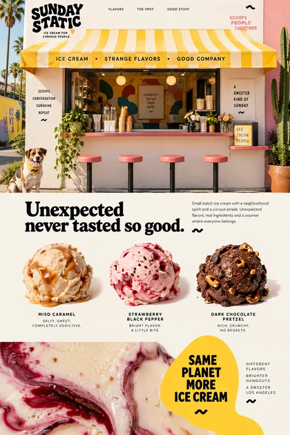 Sunday Static website design concept: Small-batch ice cream with miso caramel and other unexpected flavors.