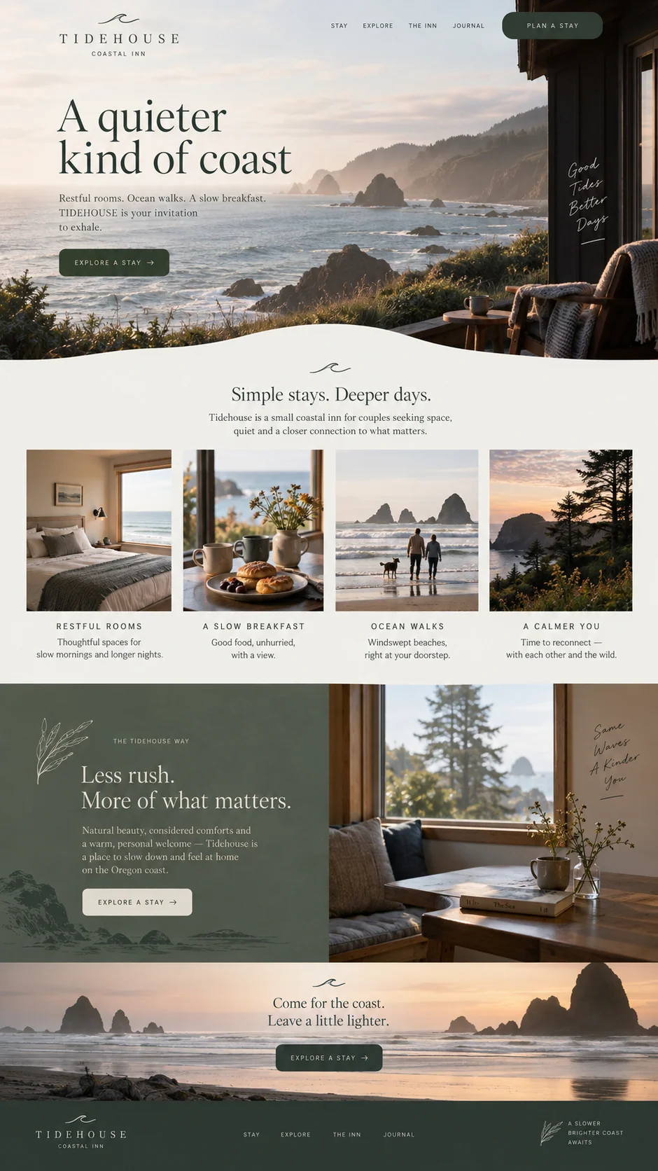 Tidehouse website design concept: An Oregon coast inn with quiet rooms, ocean walks and breakfast.