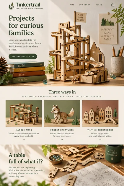 Tinkertrail website design concept: Wooden marble runs, creatures and neighborhoods for families to build.