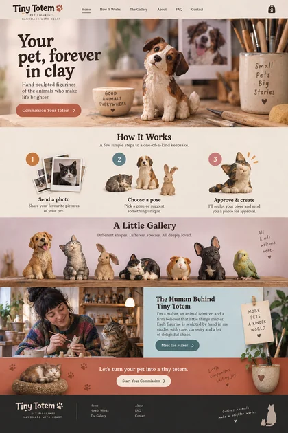 Tiny Totem website design concept: Custom clay figurines of cats, dogs and other much-loved pets.