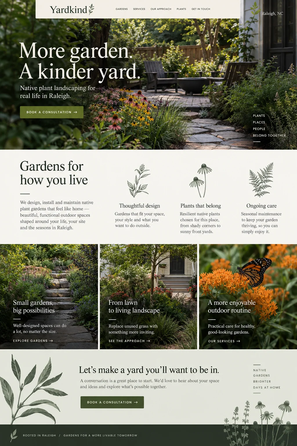 Yardkind website design concept: Native-plant gardens and lawn replacements in Raleigh.